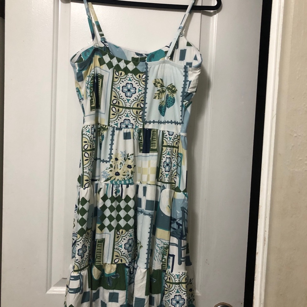Derek Heart Teal White and Green Printed Sundress with Buttons NWT - Picture 3 of 5